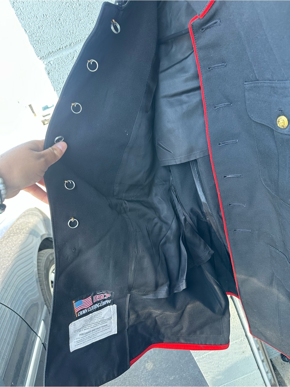 Men's Military-Style Black Dress Coat with Red Trim - Picture 9 of 16